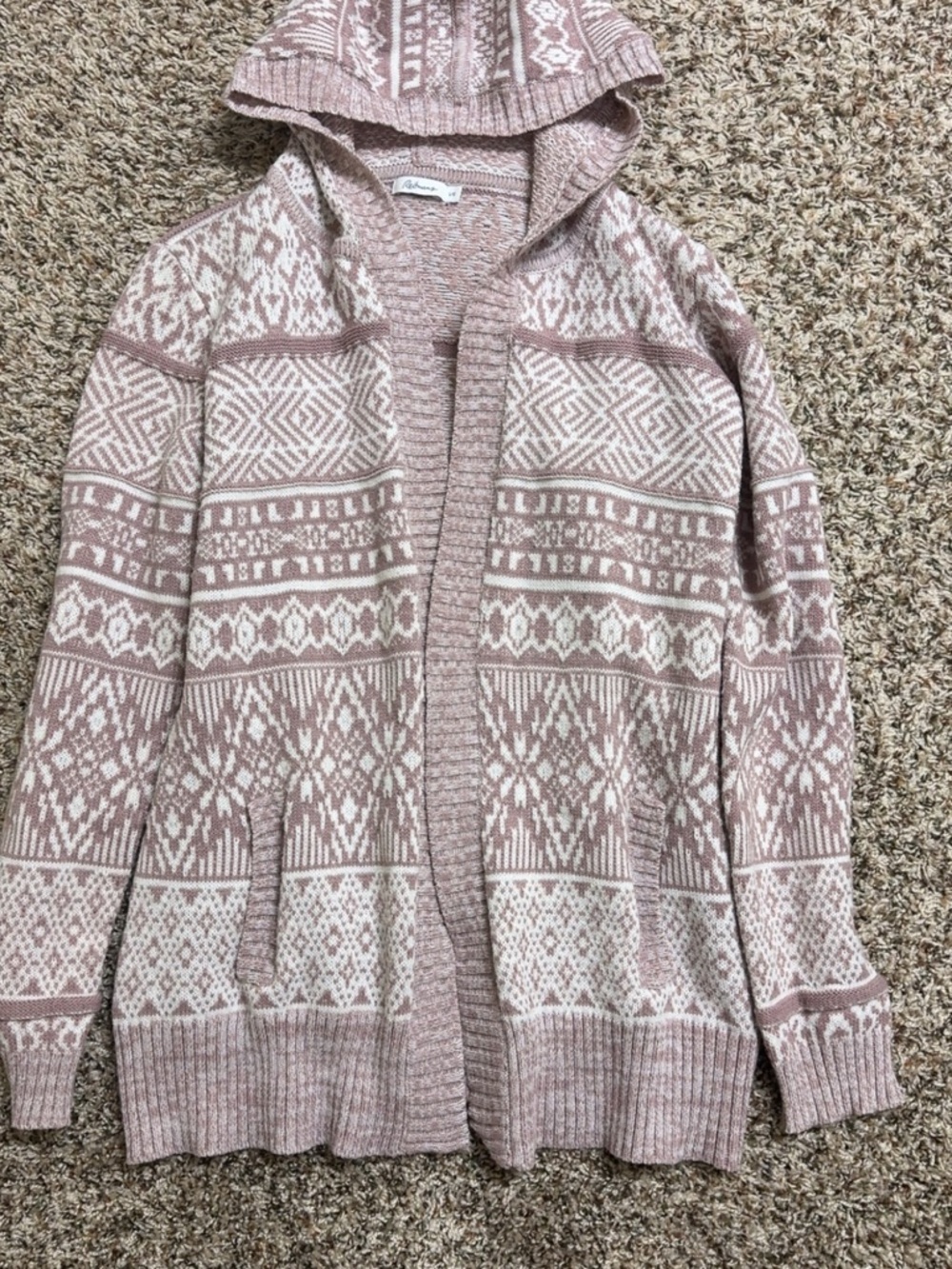 Cozy Hooded Fair Isle Cardigan in Dusty Pink & Cream